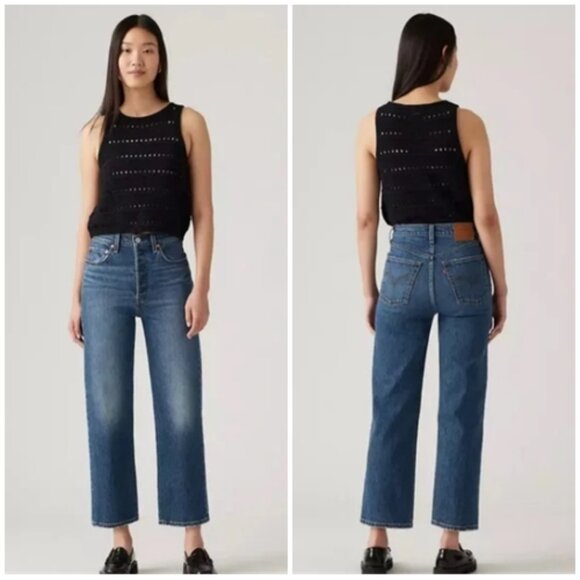 LEVI’S Button-Fly Ribcage Straight Ankle Jeans High Rise Classic Blue Denim 29 - Picture 1 of 16
